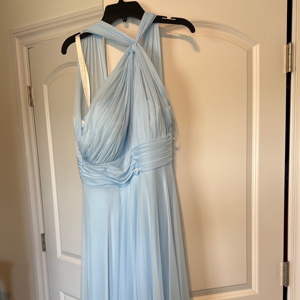 Azazie Blue Pleated Halter Gown